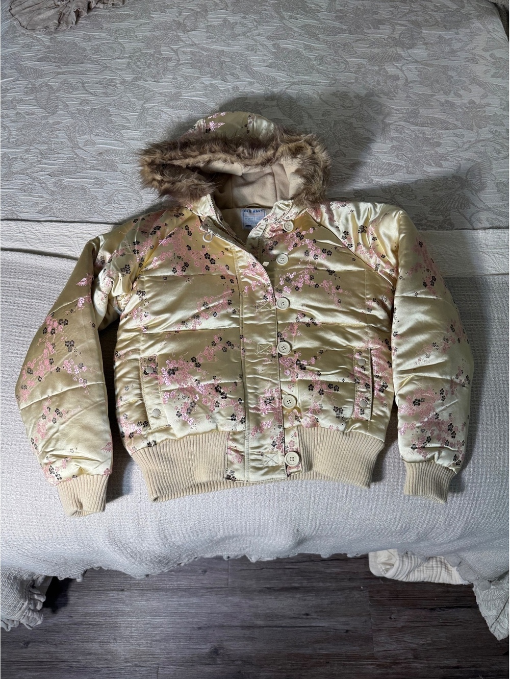 cherry blossom quilted puffer coat with faux fur